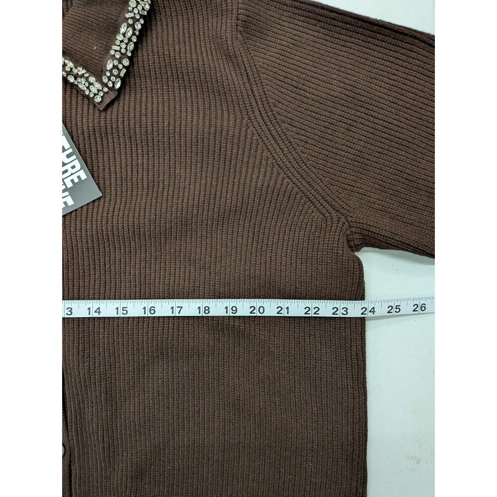 Future Collective Brown Ribbed Cardigan Rhinestone Collar Button Up NWT - Picture 5 of 7